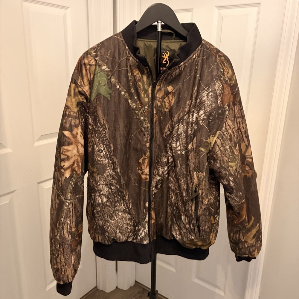Vintage 90s Browning Reversible Camo Bomber Jacket Mossy Oak Break-Up Buck Mark